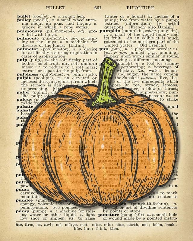 Pumpkin Dictionary Wall Art Prints - Gift Idea for Fall October Halloween House Warming Christmas Holidays - Decor Vintage Print Dictionary Wall Art Pictures Paintings UnFramed…