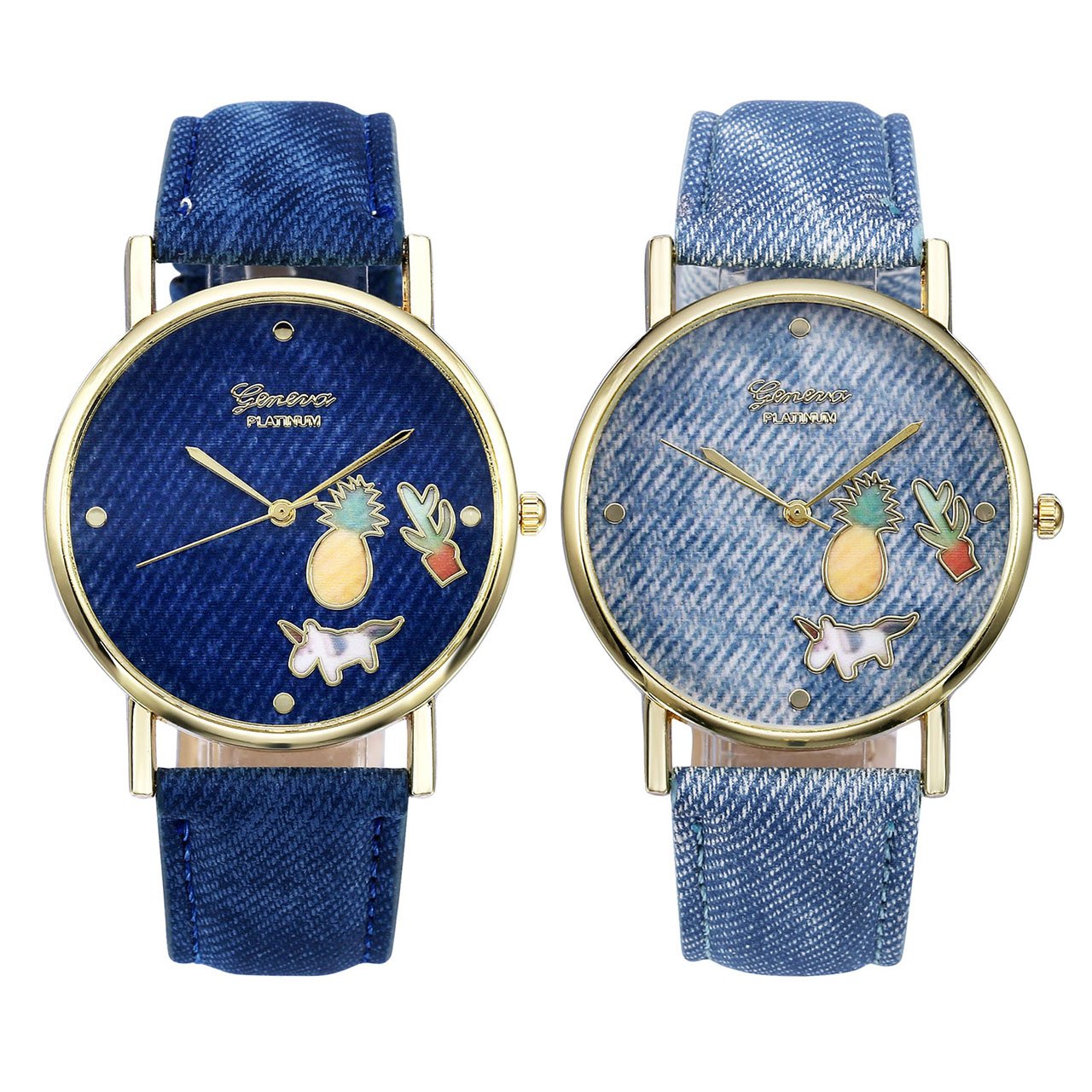 JSDDE Uhren,Fashion Cute Cartoon Einhorn Ananas Kaktus Armbanduhr Denim PU Lederband Damenuhr Kleid Quarz Uhr,Dunkelblau