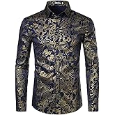ZEROYAA Men's Luxury Gold Prom Design Slim Fit Long Sleeve Button up Party Dress Shirts
