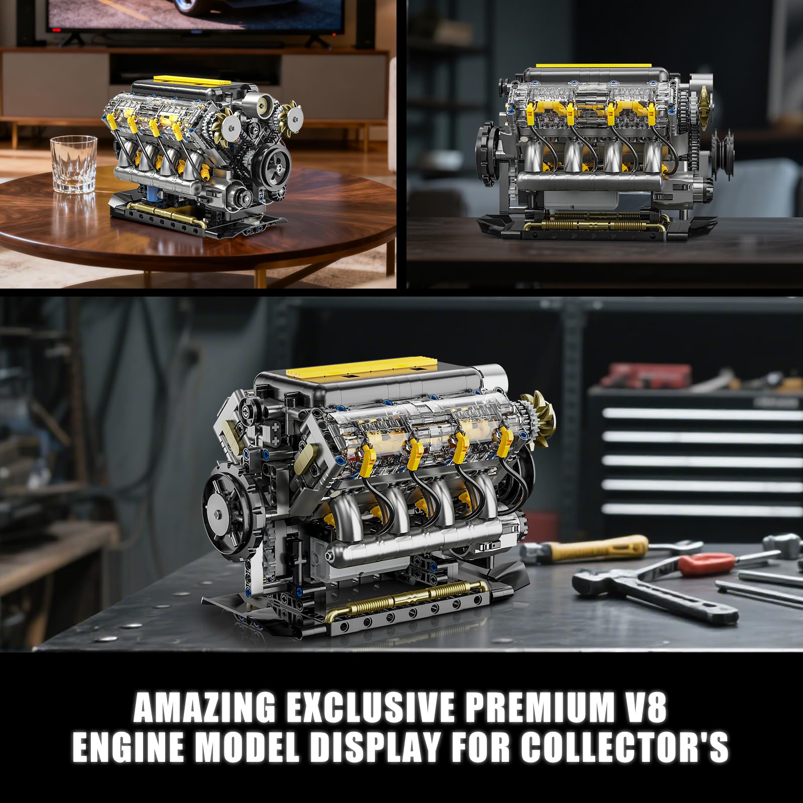 Technik V8 Motor Bausatz Bausteine Klemmbausteine, Ideas Mini V8 Eigene Modellbausatz für Erwachsene, Kompatibel mit Lego Set, STEM Spielzeug Geschenk für Auto Fans und Jungen ab 14 Jahren (905 Teile) 4