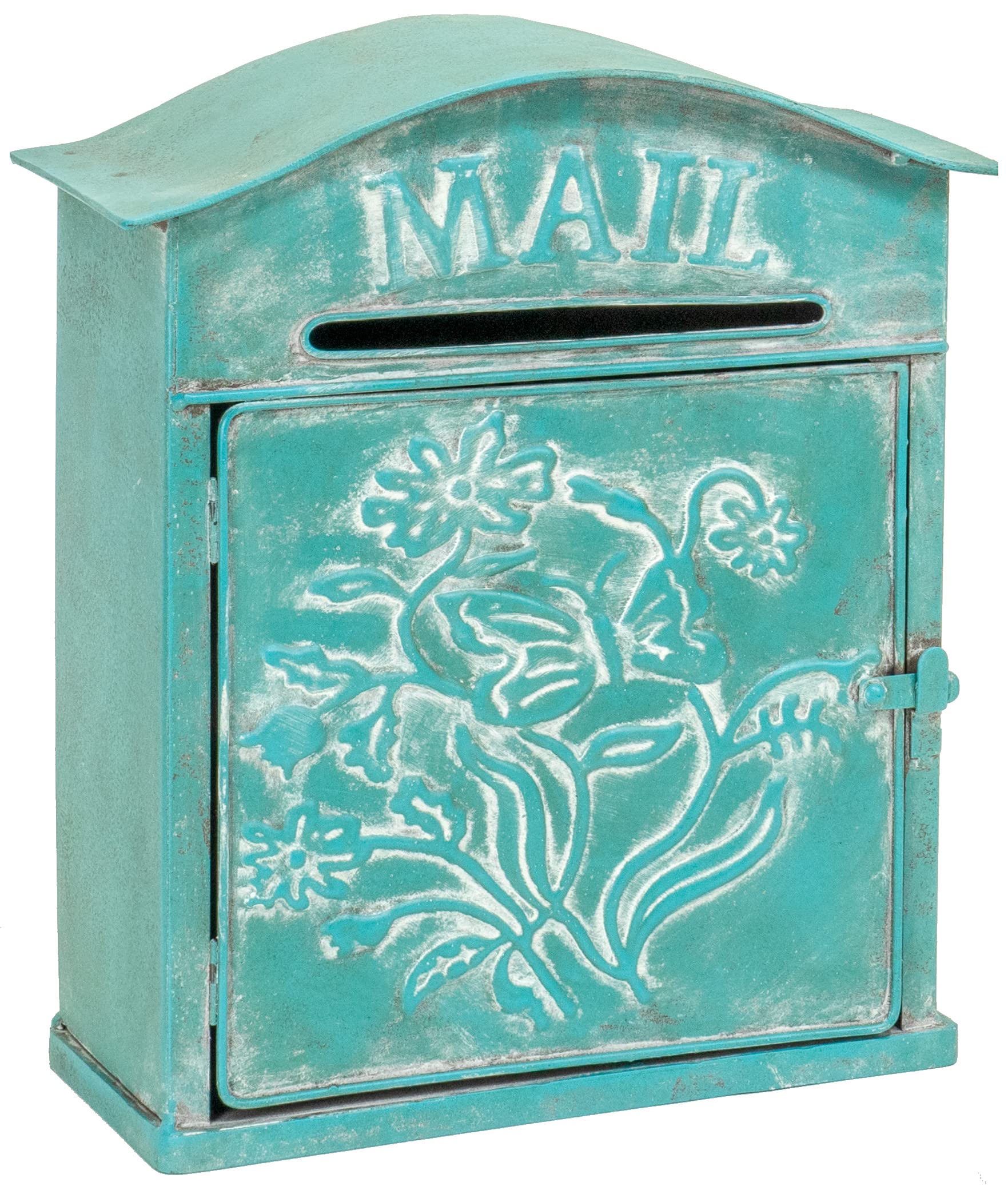 Photo 1 of Red Co. 10” x 12.5” Farmhouse Mail Embossed Tin Metal Wall Mount Mailbox, Country Rustic Décor, Distressed Teal Blue