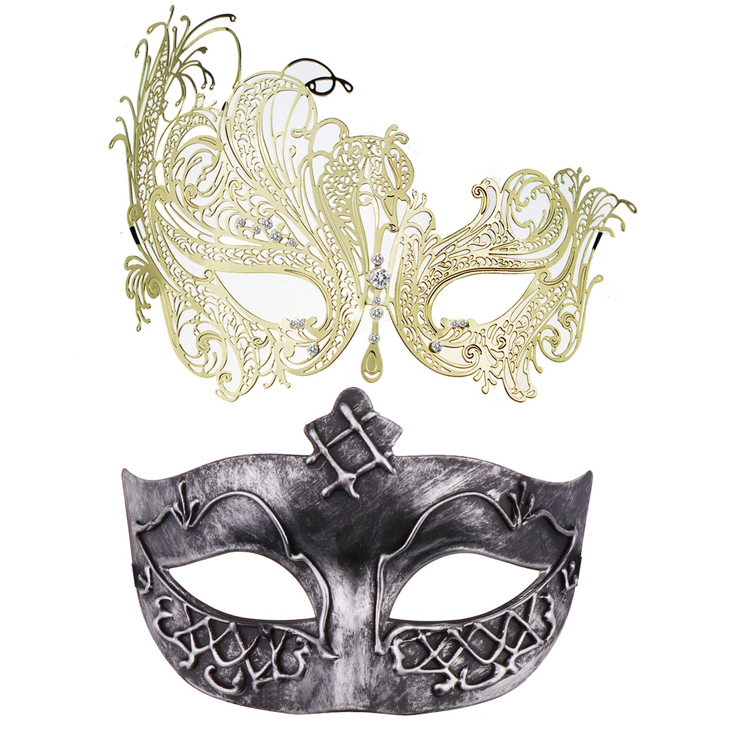 Thmyo Set of 2 Masquerade Mask for Couples, Venetian Mardi Gras Costume Ball Mask (Antique Silver & gold)