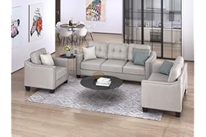 UBGO Living Room Furniture Sets,3-Piece Sectional Sofa Set, Modern Style Button Tufted Arm Chair Loveseat Sofa Sectional Couch Set with Tufted Cushions, Beige