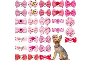 JpGdn 30PCS/15PAIRS Pink Dog Hair Bows with Rubber Bands Puppy Hair Bowknot Top Knot Elastic Radom Pattern for Girl Female Do