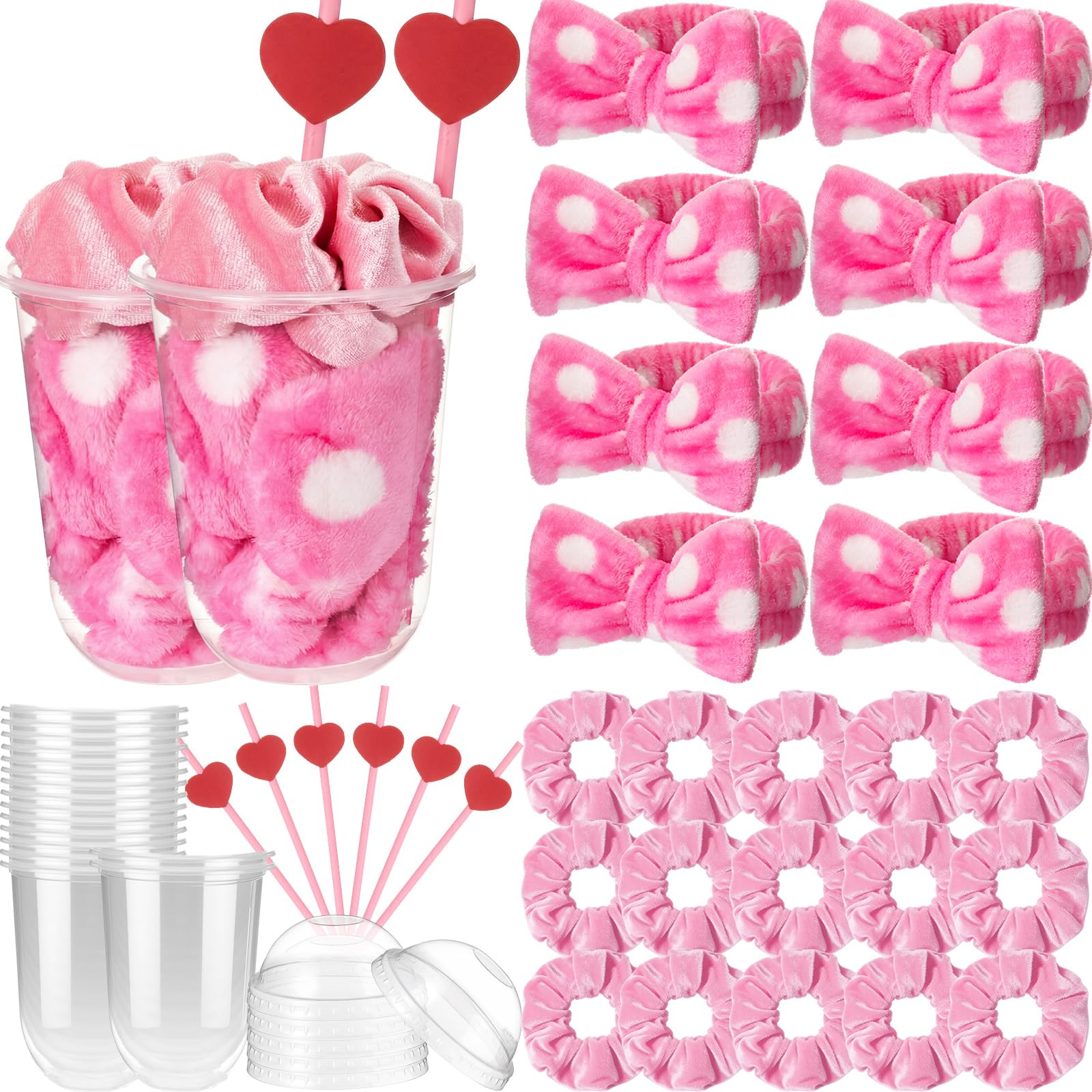 Photo 1 of Tigeen 30 Pcs Galentine's Gifts Bulk Pink Valentine's Gifts Party Favors Supplies Include Headband Scrunchies Compact Powde Cup Heart Straw for Adult Slumber Spa Party Supplies (Multi Colors)