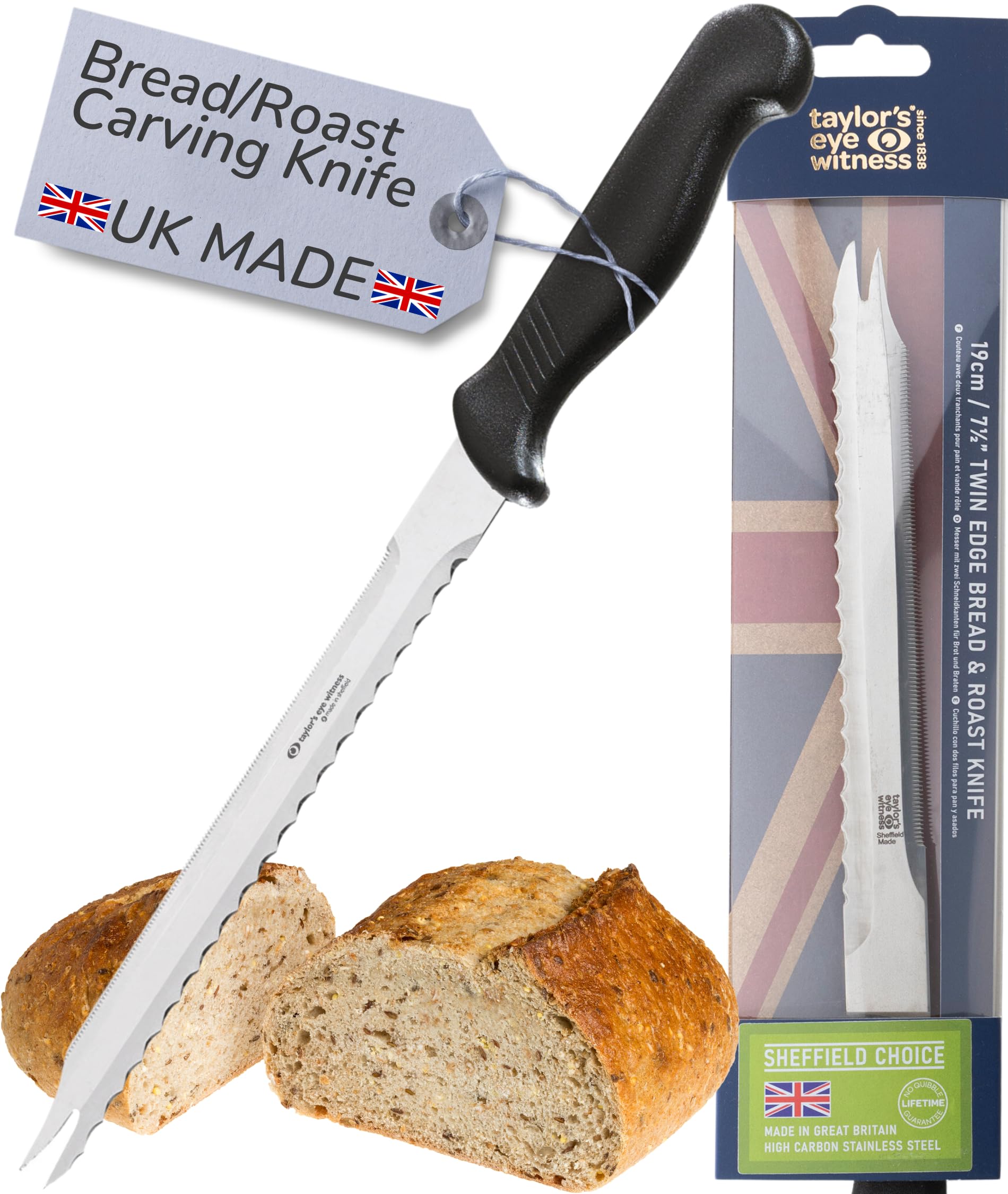 Taylors Eye Witness Sheffield Made Bread & Roast Carving Knife - 19cm Double Edged Blade with Serving Prongs. Multi Use Kitchen Knife with Fine Precision Ground Razor Blade Steel & Fibre Feel Handle