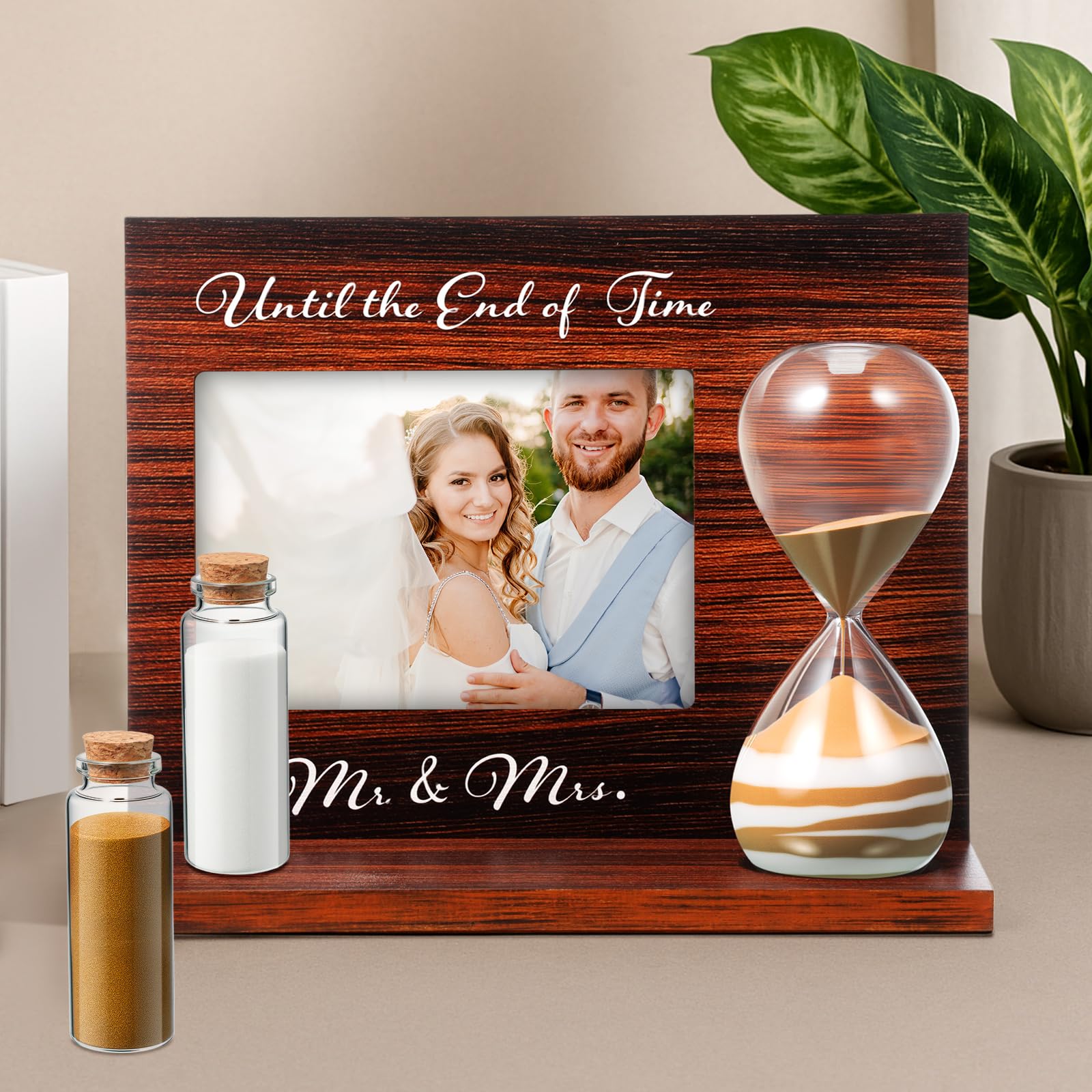 Photo 1 of Blosssound Wedding Sand Ceremony Set Wooden Photo Frame, Hourglass Funnel, Sand, Glass Bottles, Mr and Mrs Until The End of Time Unity Kit for Weddings Ceremony Party Supplies(Walnut)