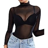 Banamic Women Mesh Tops Sheer Long Sleeve Mock Neck See Through Sexy T-Shirt