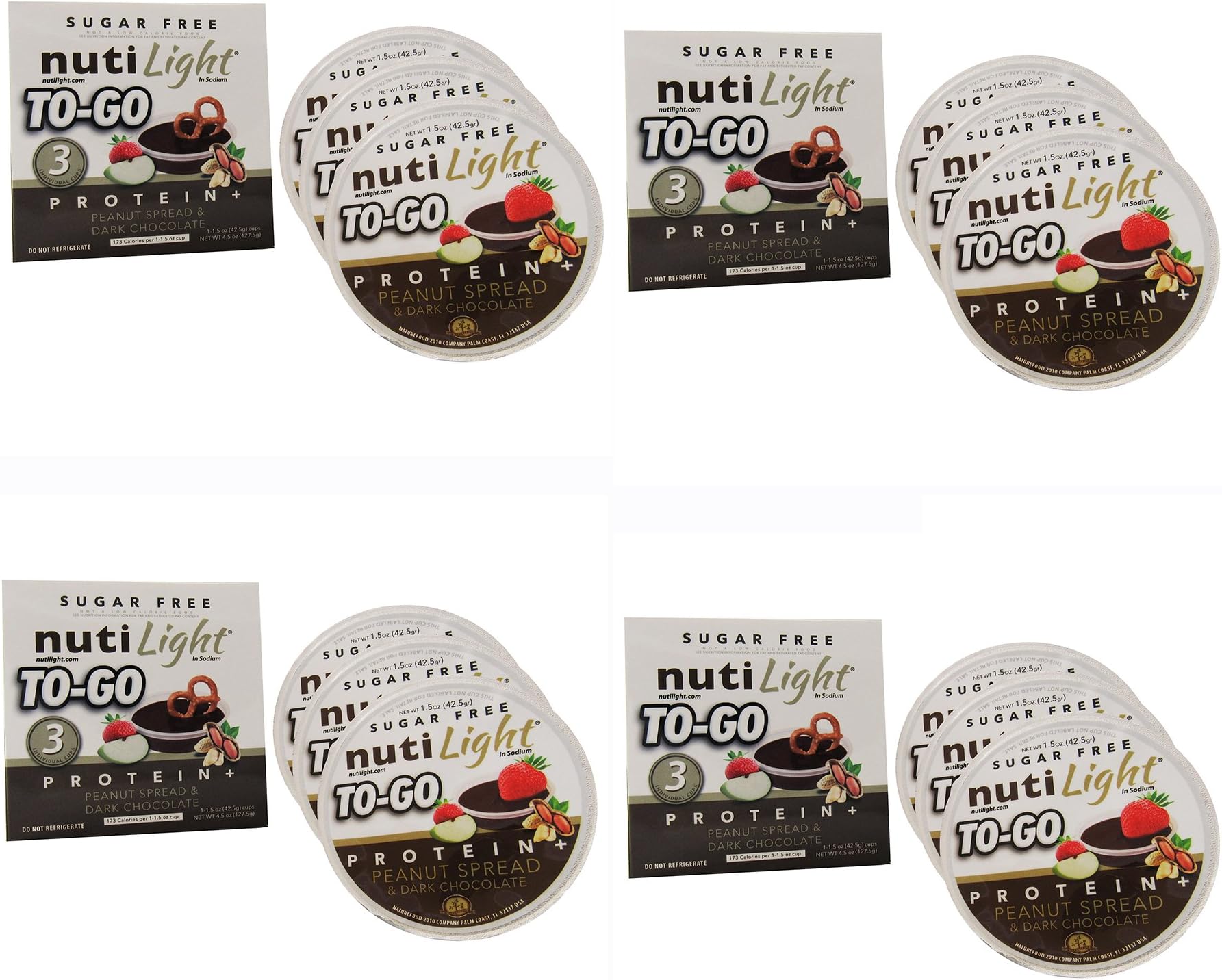Nutilight TO-GO - Sugar Free - Protein + Peanut Spread & Dark Chocolate - 4 Boxes of 3 (1.5 Ounce) cups each, 4.5 Ounce (Pack of 4)