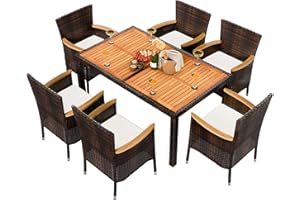 Shintenchi 7 Pieces Patio Dining Set, Wicker Patio Furniture Set with Wood Table Top, Outdoor Dining Table and Chairs with Soft Cushions for Backyard, Deck and Garden, Brown Rattan
