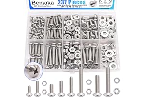 Bemaka Nuts and Bolts Assortment Kit, 304 Stainless Steel Bolts 8 Sizes #6-32#8-32#10-24 Phillips Pan Head Machine Screws, Assorted Bolts, Nuts and Washers Kit (237PCS)