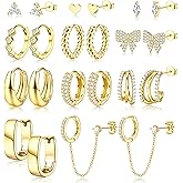 ZELORES 11 Pairs Small Gold Hoop Earring Stacks for Women Trendy 14k Gold Plated Chunky Huggie Earrings Hypoallergenic Stainless Steel Cartilage Earrings Sets for Multiple Piercings