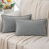 decorUhome Spring Chenille Soft Cozy Throw Pillow Covers 12x20 Set of 2, Modern Farmhouse Boho Velvet Decorative Pillow Cases with Stitched Edge for Couch Sofa Bed Home Decor, Neutral Gray