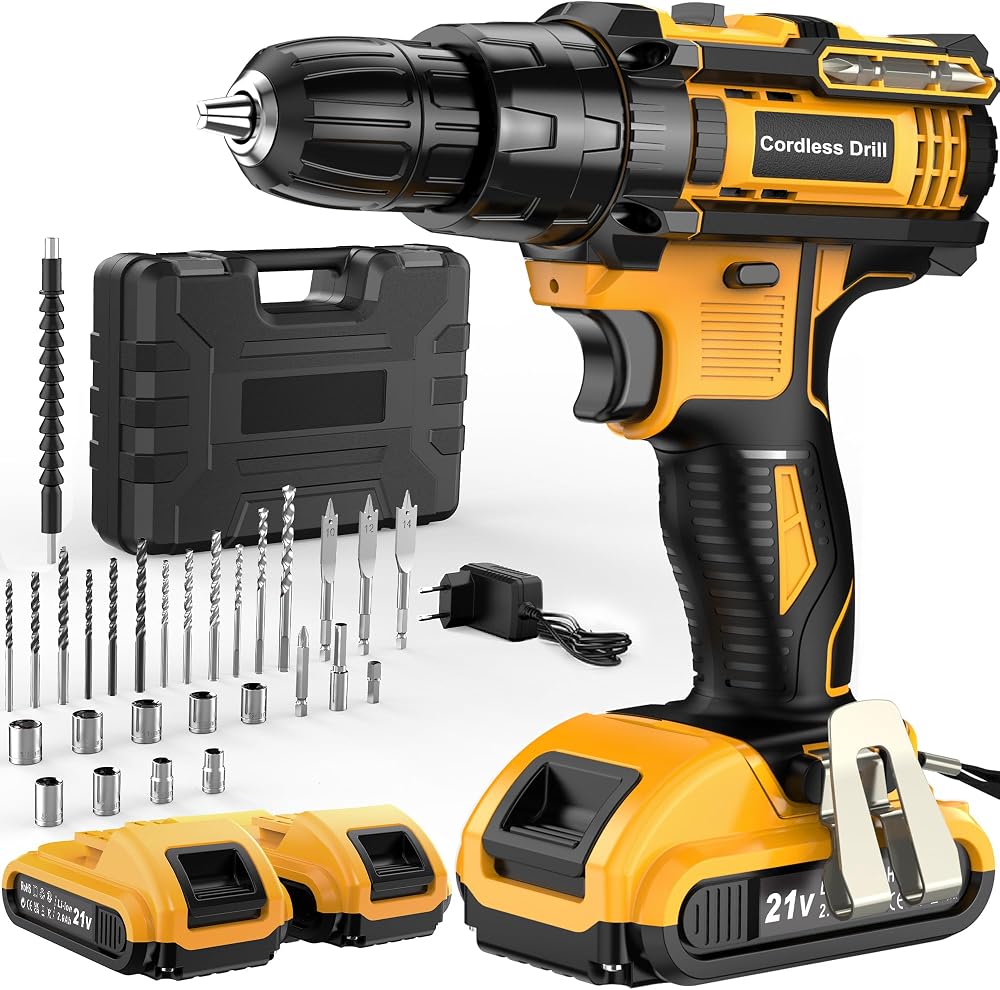 JYGMPRO Cordless Drill Driver 21V Hammer Drill 2 Batteries 30pcs Bits