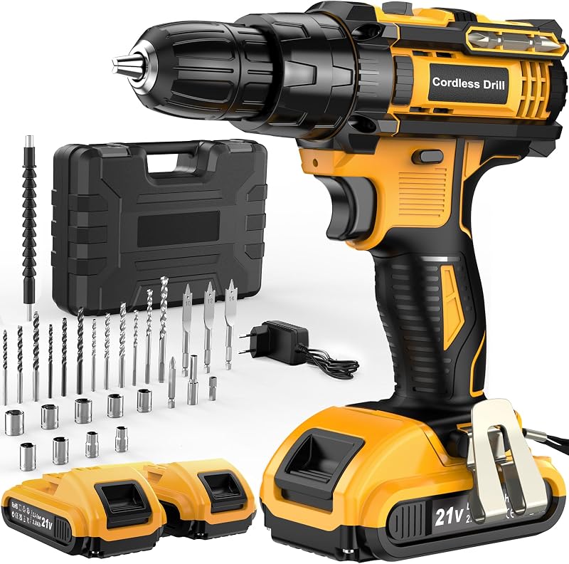 JYGMPRO Cordless Drill Driver 21V Hammer Drill 2 Batteries 30pcs Bits
