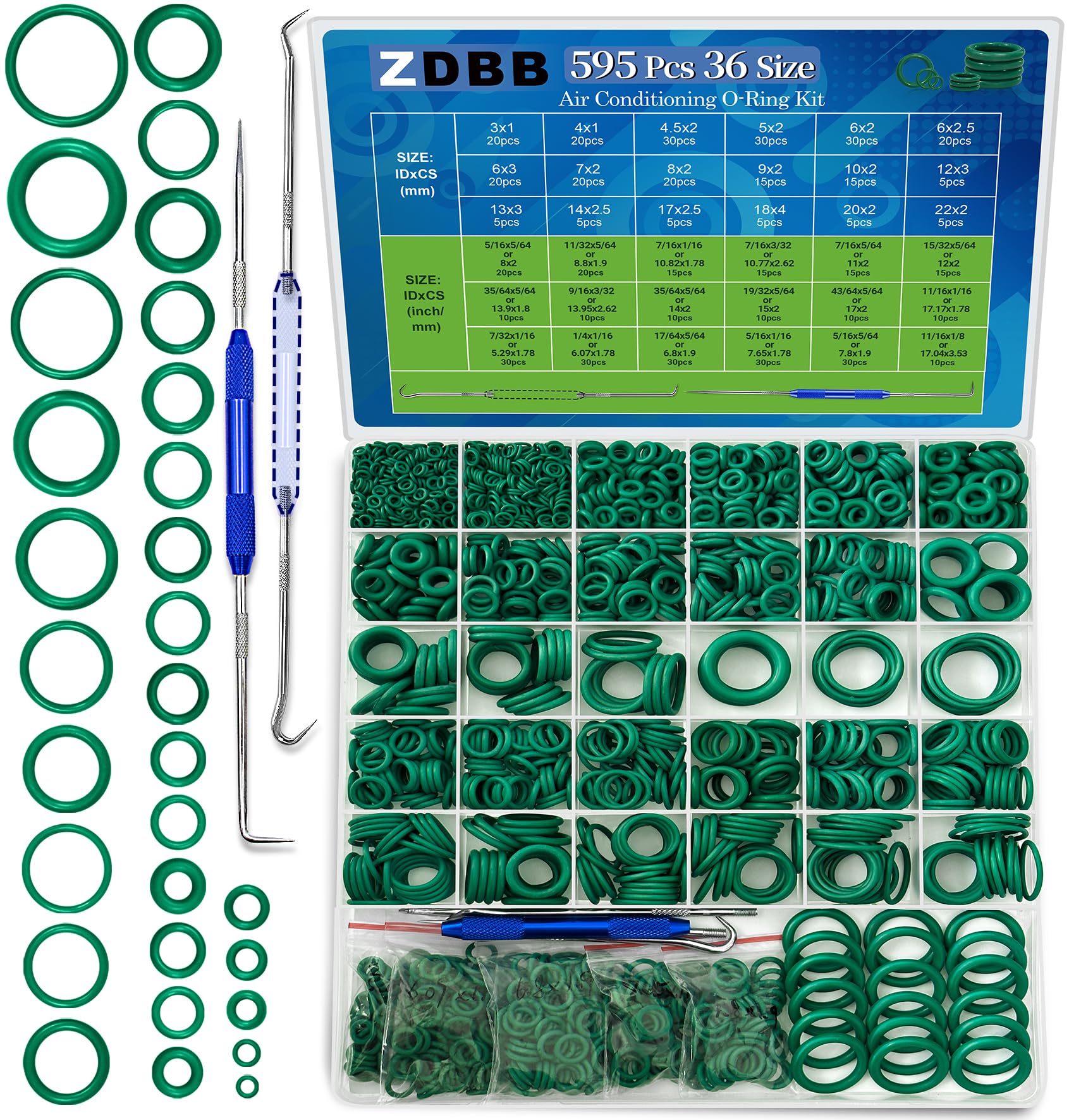 Photo 1 of ZDBB 595 Pcs Automotive AC O Rings Kit, SAE and Metric Air Conditioning Orings Assortment Set for Car A/C Compressor and Professional Plumbing Faucet Seal Repair with 4 Pick & Hook (Green)