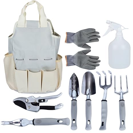 Hakkin 9 Stück Gartengeräte Set,Gartenwerkzeug Sets mit Garten Handschuhe und Tragetasche, mit rutschfesten Gummi-Griffen für