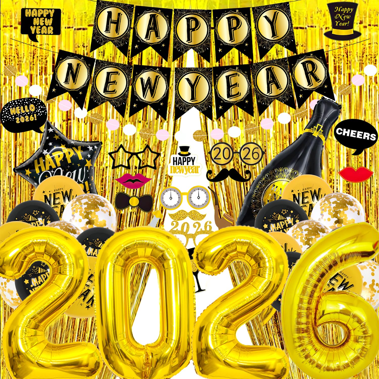 Photo 1 of New Years Eve Party Balloon Decorations, Happy New Year Paper Banner String Decorations , 40inch 2026 Foil Balloons, 18inch Foil Balloon, Photo Booth Props, Rain Silk Curtain, Latex Confetti Balloons