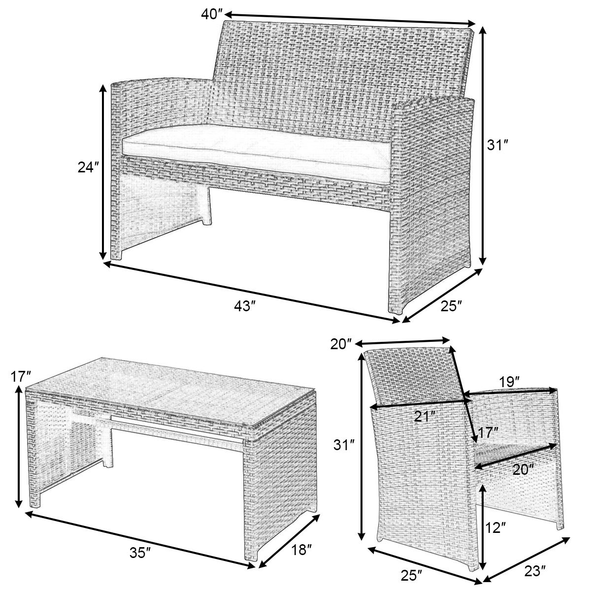 Goplus 4Piece Rattan Patio Furniture Set, Outdoor Wicker Conversation