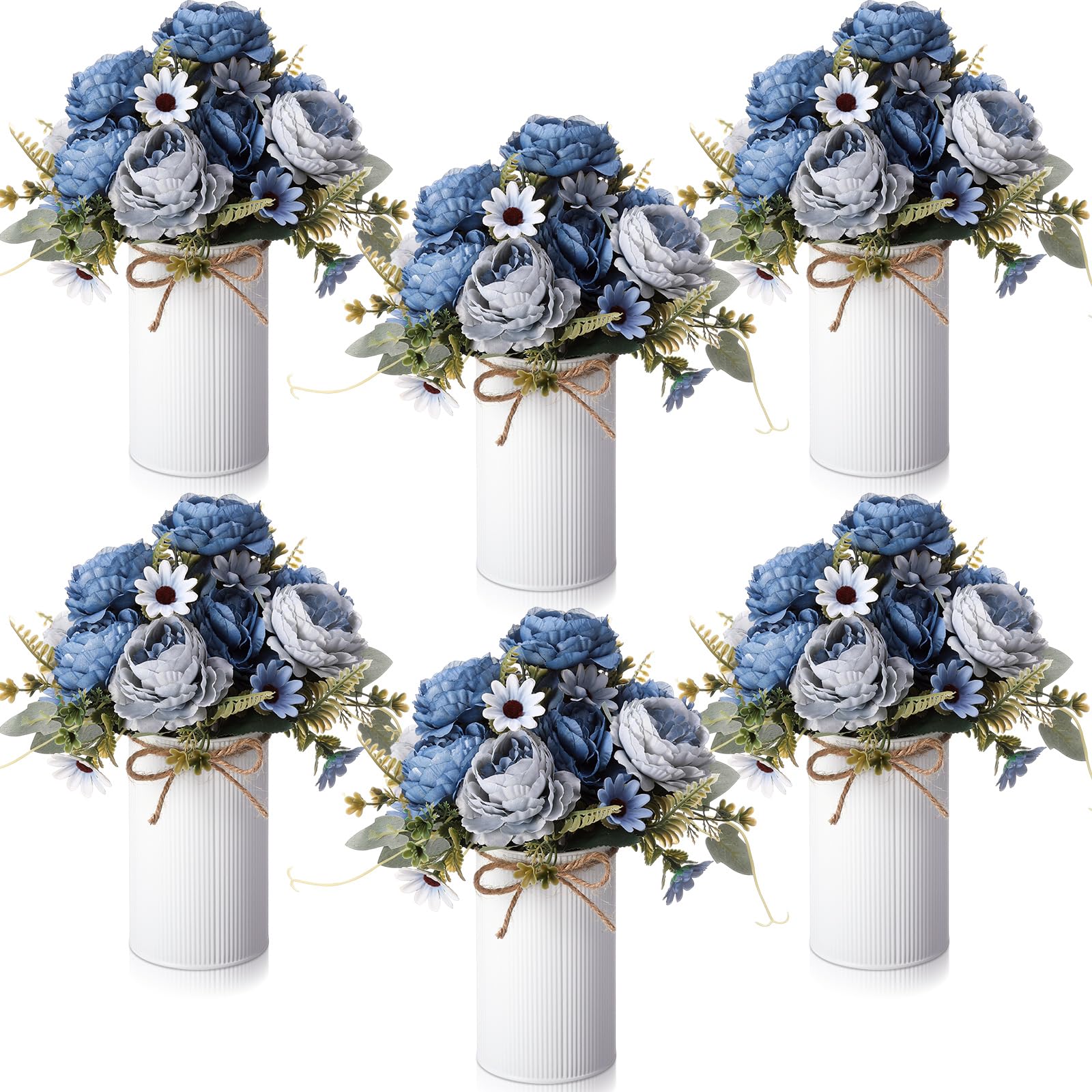 Photo 1 of Domensi 6 Sets Wedding Centerpiece for Table Decoration Dusty Blue Artificial Fake Rose Flower with Metal Vase Faux Silk Rose Bouquet Floral Arrangement for Bridal Shower Home Dining