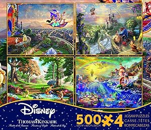 Ceaco Thomas Kinkade The Disney Dreams Collection 4 in 1 Multipack Aladdin, Winnie the Pooh, Beauty &amp; the Beast, The Little Mermaid Jigsaw Puzzles, (4) 500 Pieces