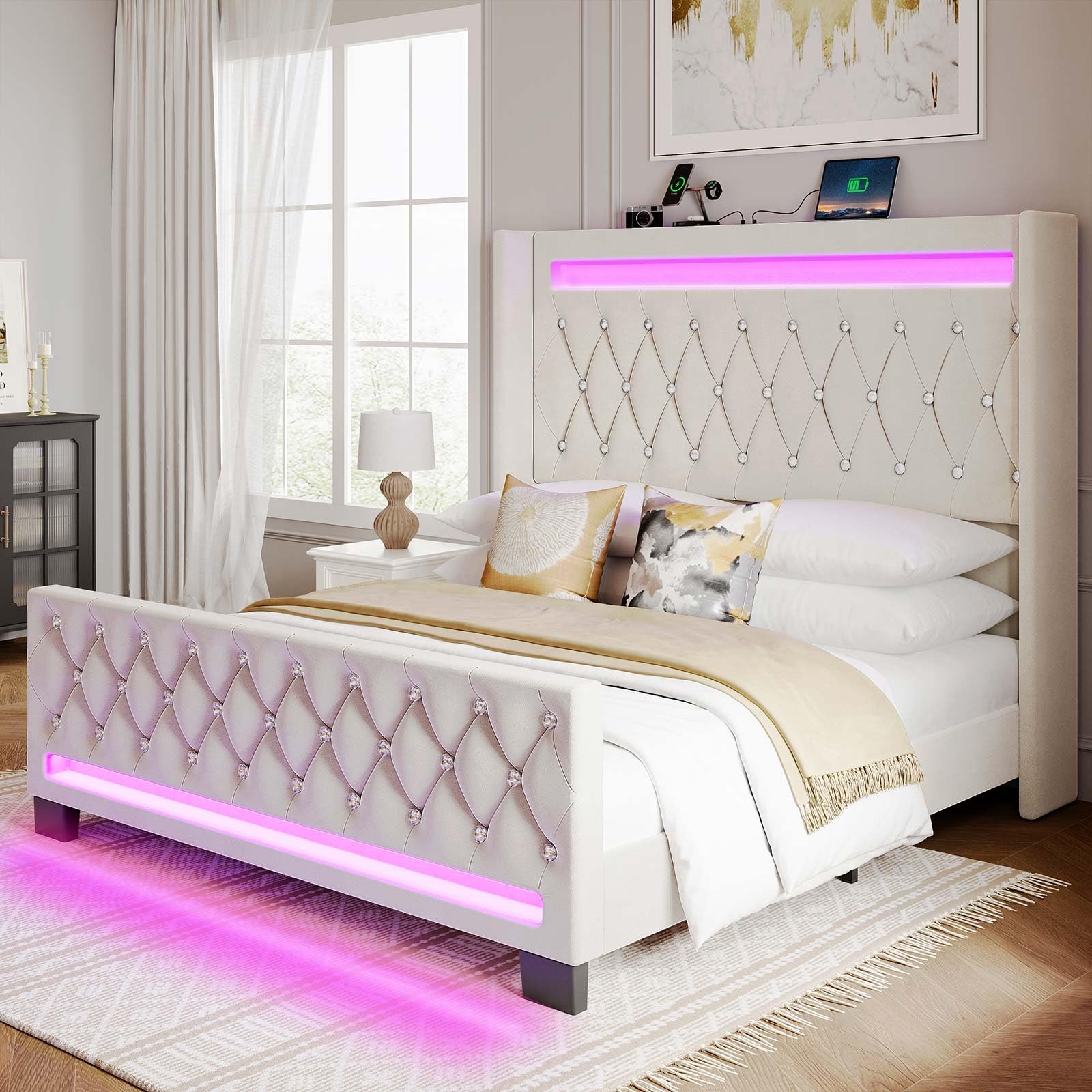 Rolanstar Full Bed Frame with LED Light and Charging Station, Upholstered High Headboard and Footboard, Wood Slats, Noise Free, Easy Assembly, Beige Image