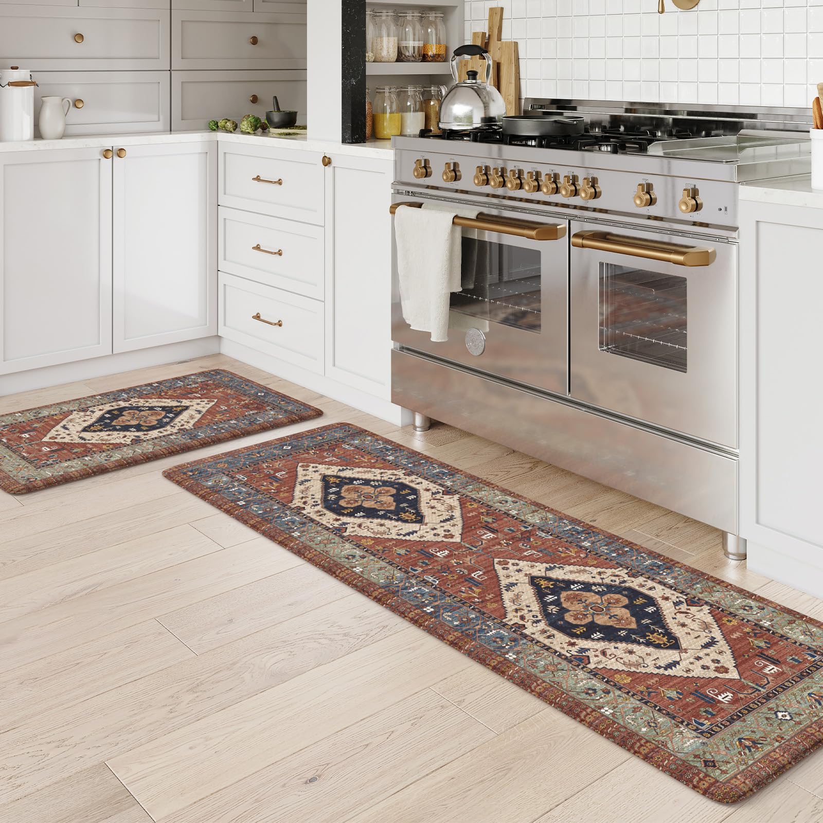 Photo 1 of *** 1 of 2RUGS*** KIMODE Anti Fatigue Kitchen Mats for Floor, Red Boho Distressed Kitchen Rugs Sets of 2, Non Slip Waterproof Kitchen Floor Mats, Comfort Mats for Kitchen Floor Sink Laundry Desk 20"x59"+20"x32"