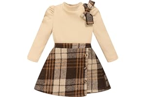 TITKKOP Toddler Girl Plaid Outfits Fall Winter Dress Knit Ribbed Bow Sweatshirt Tops and Button Fashion Skirts Set