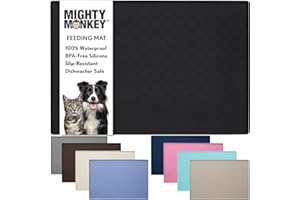 MIGHTY MONKEY 100% Waterproof Dog Food Mat, Raised Edges Silicone Pet Feeding Placemat for Cat, Dogs, Pet Bowls, High Lipped Tray Prevents Water Spills, Food on Floor, Dishwasher Safe, 18x12, Black