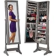 Best Choice Products Freestanding Jewelry Armoire Cabinet, Full Length Standing Mirror, Lockable Makeup Storage Organizer, w/Velvet Lining, 3 Angles, Lock, Accessory Pouch, 5 Shelves - Gray Oak