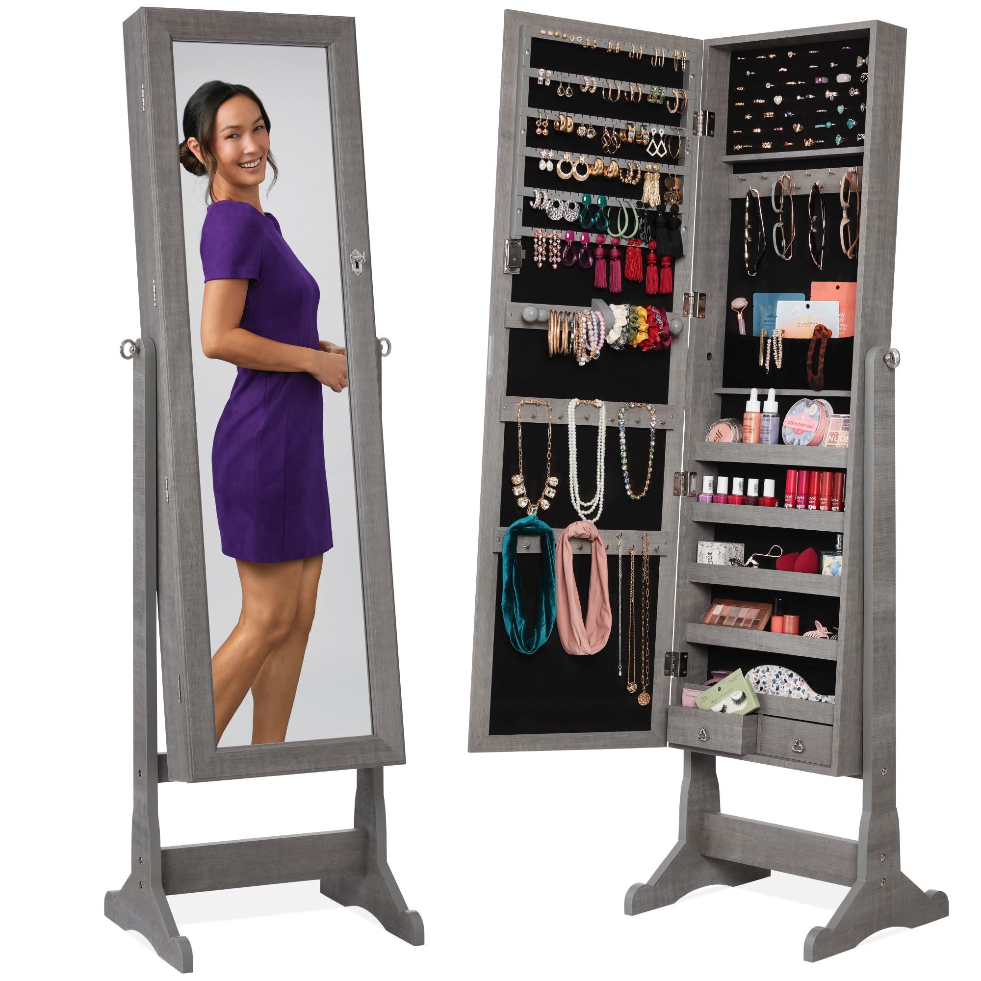 Best Choice Products Freestanding Jewelry Armoire Cabinet, Full Length Standing Mirror, Lockable Makeup Storage Organizer, w/Velvet Lining, 3 Angles, Lock, Accessory Pouch, 5 Shelves - Gray Oak Image