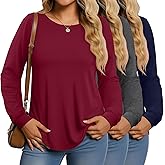 Huukeay 3 Pack Women Plus Size Long Sleeve Tops Loose Fit Tunic Shirts Crewneck Basic Tops Curved Hem Casual T Shirts