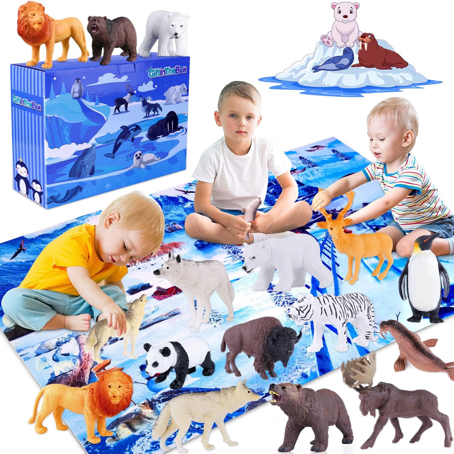 GiftInTheBox Safari Animal Figurines Toys with Activity Play Mat , Realistic Plastic Jungle Wild Zoo Animals Figures Playset with Elephant, Giraffe, Lion, Panda，Gift for Kids, Boys …: Toys & Games