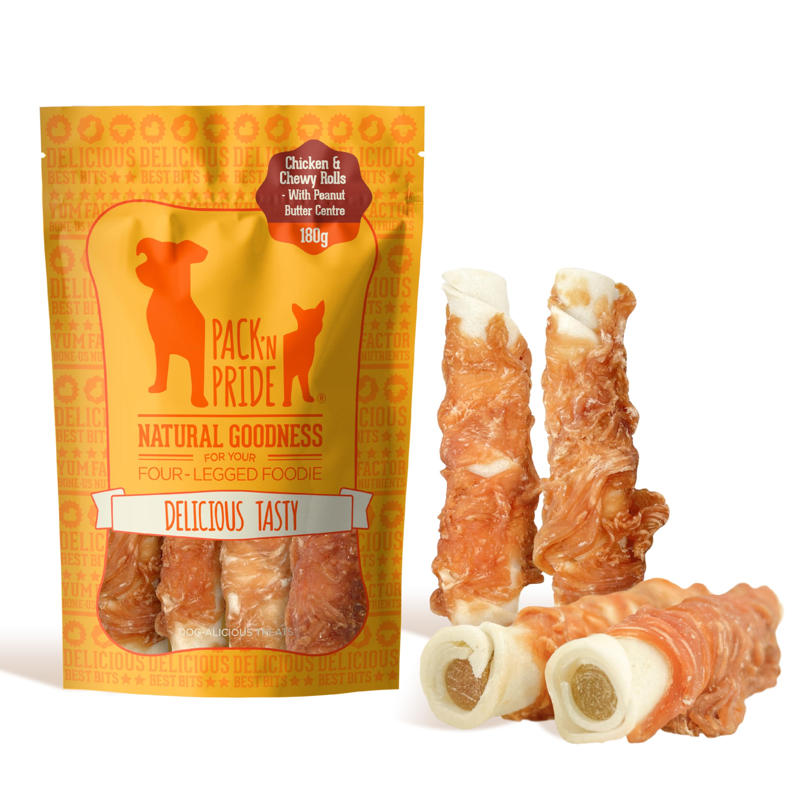 PACK'N PRIDE Peanut Butter Dog Treats, 180g Chicken Wrapped Rawhide Dog Chews Long Lasting for Medium&Large Dogs, Tasty Training Reward