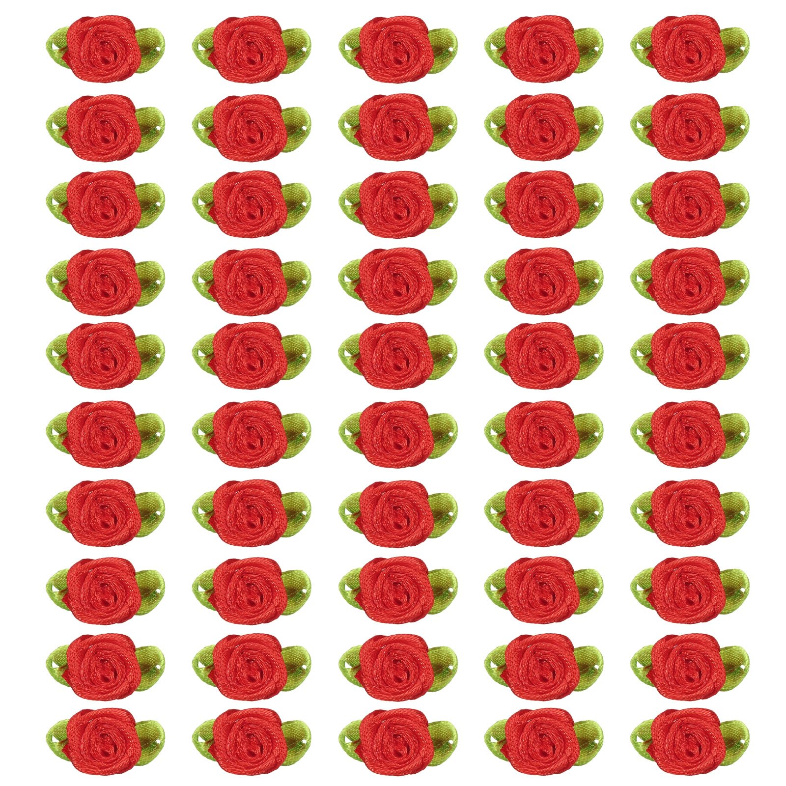PATIKIL 15mm Tiny Satin Ribbon Rose, 50 Pcs Fabric Flowers Embellishments Rosettes Applique with Green Leaves for DIY Crafts Wedding Decor, Red
