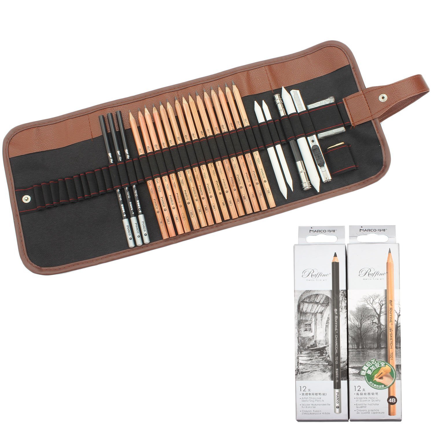 Feelily Künstler 18 Skizze Bleistifte mit Radiergummi Kohlestifte Papierstifte Bleistifthalter Schneidemesser für Anfänger Skizzierung Zeichnen Malerei, Kunst Zeichnen Stifte im  Mäppchen, Schwarz