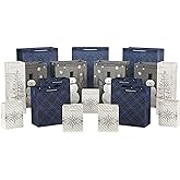 Hallmark Assorted Christmas Gift Bags Bulk - Snowflake, Tree, Snowman, Plaid (18 Gift Bags: 5 Small 5", 4 Medium 8", 4 Large 11", 3 XL 14", 2 Bottle Bags) for Holiday Parties, Hanukkah, Weddings