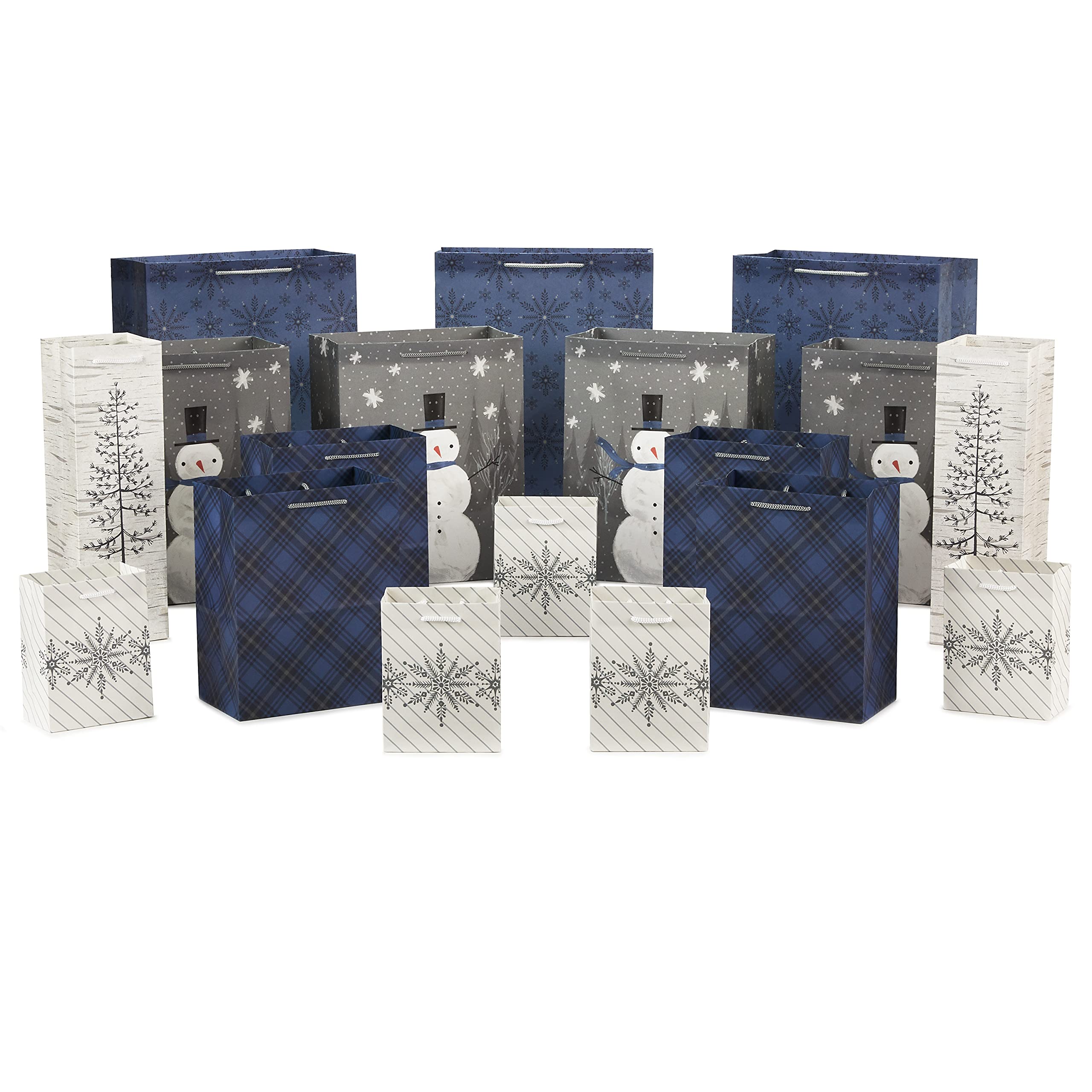 Hallmark Blue and Silver Bulk Christmas Gift Bags Assorted Sizes (18 Gift Bags: 5 Small 5", 4 Medium 8", 4 Large 11", 3 XL 14", 2 Bottle Bags) Snowflake, Tree, Snowman, Plaid