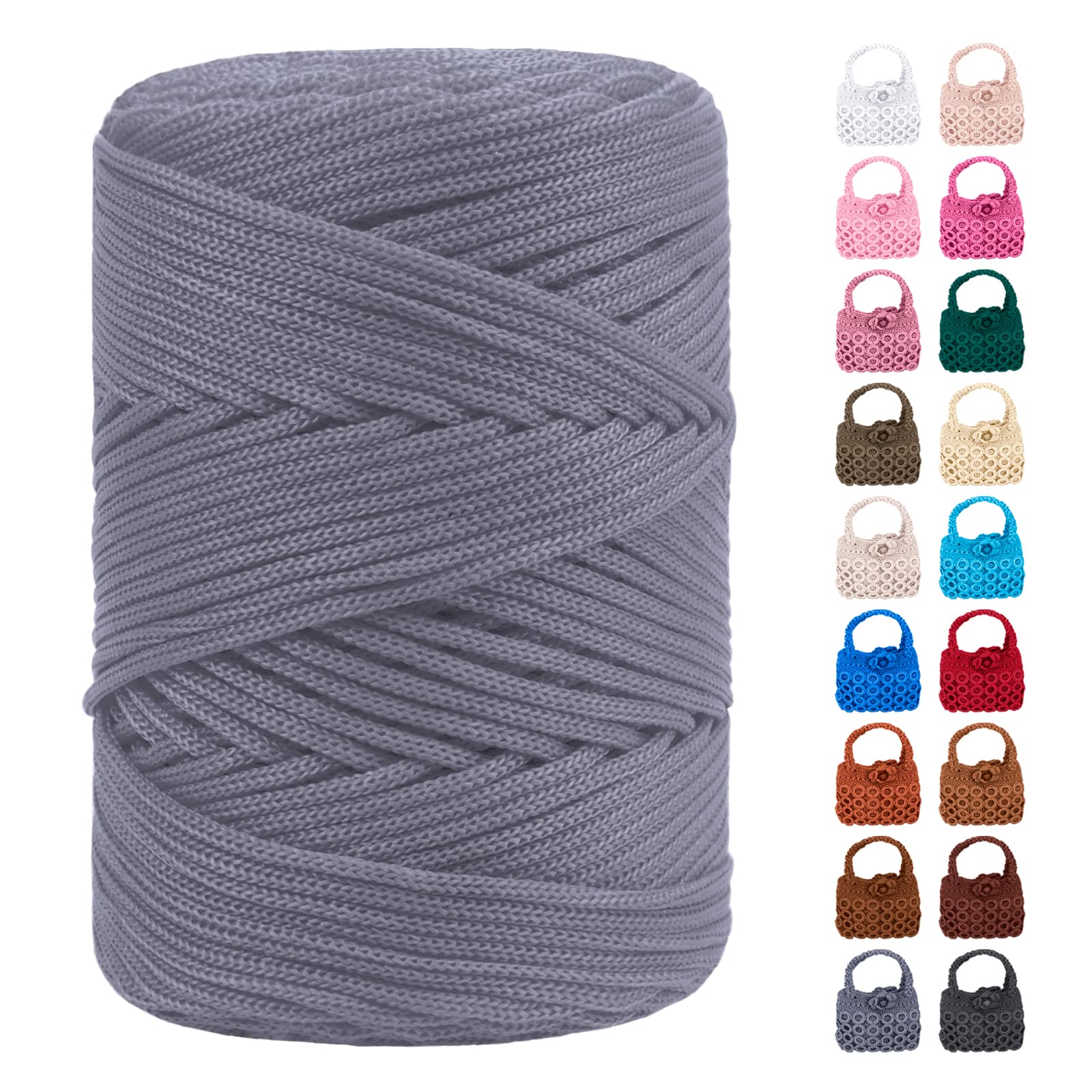 LEREATI Polyester Macrame Cord 3mm for Crocheting, 170m Braided Macrame Rope Polypropylene Crochet Bag Cord, Polyester Yarn for Basket Bags DIY Crafts Home Decoration (Medium Gray)