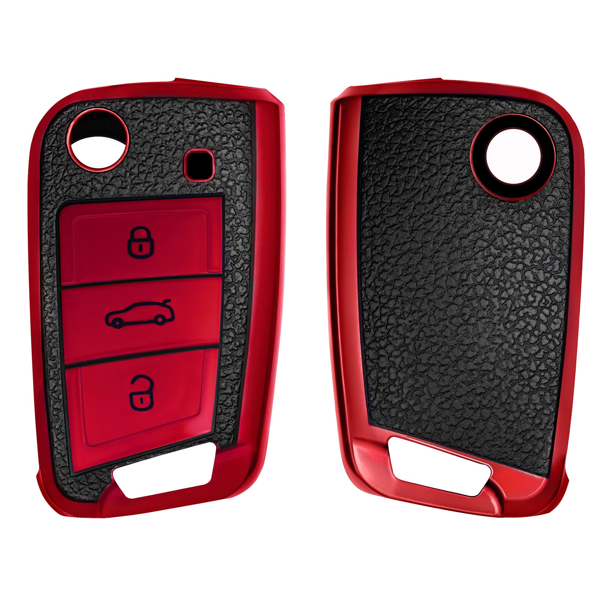 kwmobile Car Key Cover Compatible with VW Golf 7 MK7 3-Tasten Autoschlüssel - TPU Leather Look - Red/Black - Protects from Damage, Personalizes Key Fob