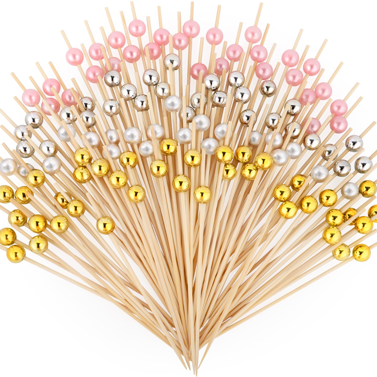 Photo 1 of 200 Cocktail Picks, Decorative Pearl Fancy Toothpicks for Appetizers, 4.7 IN Long Bamboo Skewers Wood Garnish Sticks for Food Drink Fruit Party Charcuterie Boards Accessories (Gold/White/Pink/Silver)