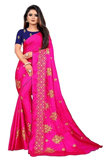 Womens Sana Silk Embroidered Saree with Blouse Piece