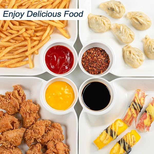 KOBIKOBI CHIP AND DIP SERVING PLATTER SET OF 4-8 INCH CERAMIC DIVIDED PLATES WITH SAUCE COMPARTMENT, FOOD-SAFE SNACK PLATE FOR DUMPLING, SUSHI, APPETIZER, TACO – WHITE