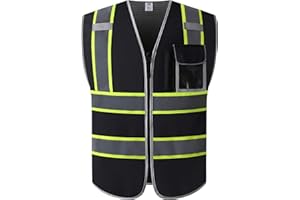 JKSafety 3 Pockets High Visibility Zipper Front Safety Vest MESH Lite | Black with Dual Tone High Reflective Strips | Meets ANSI/ISEA Standards (99-Black, XX-Large)