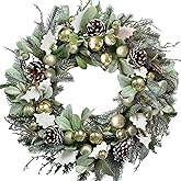 Egolot Christmas Wreath for Front Door 24" Green Leaf Wreath for Window Home Porch Farmhouse Garden Indoor Outdoor Decor with Ribbon Bow Flash Ball for All Season