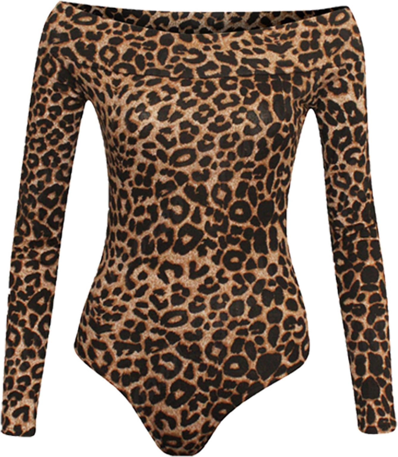 Womens Ladies Off Shoulder Long Sleeve Bardot Bodysuit Leotard Top Plain Stretch