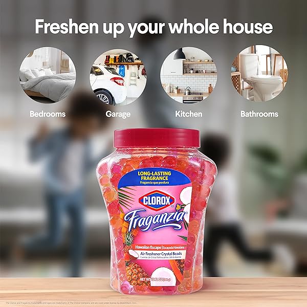 CLOROX FRAGANZIA AIR FRESHENER CRYSTAL BEADS DOUBLE PACK, COCONUT COLADA, HAWAIIAN ESCAPE 12OZ JARS | VENTED JAR AIR SCENT BEADS FOR HOMES, BATHROOMS, CLOSETS, OR OFFICE
