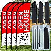 Buryeah 4 Pack Open House Flags Signs for Real Estate Agents 7x5.4 Ft Feather Flag Sign with Flagpole Ground Stake Portable Bag Real Estate Flags Opening Signs Banner Set for Business (Red)