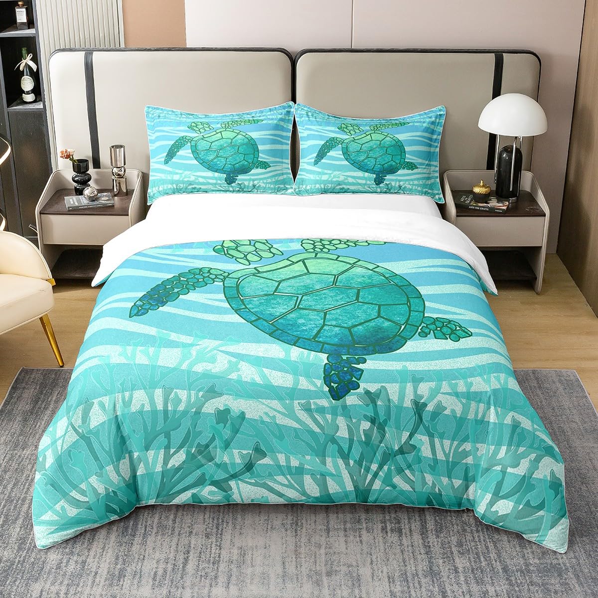 100% Cotton Ocean Bedding Sets Single Sea Turtle Comforter Cover for Kids Toddler,Aqua Tortoise Bed Set Marine Animal Duvet Cover,Teal Zebra Print Quilt Cover,Coral Decor Soft Cozy 2Pcs