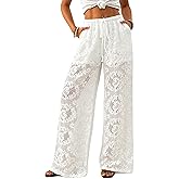Bsubseach Women Crochet Beach Cover Up Pants Sheer Wide Leg Drawstring Summer Swimsuit Coverup Long Pants with Pockets